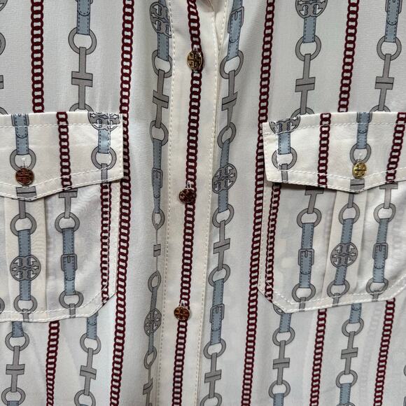 Tory Burch Logo Chain Silk 1/2 Button Down Long Sleeve Top Womens 4 Old Money - Picture 8 of 14